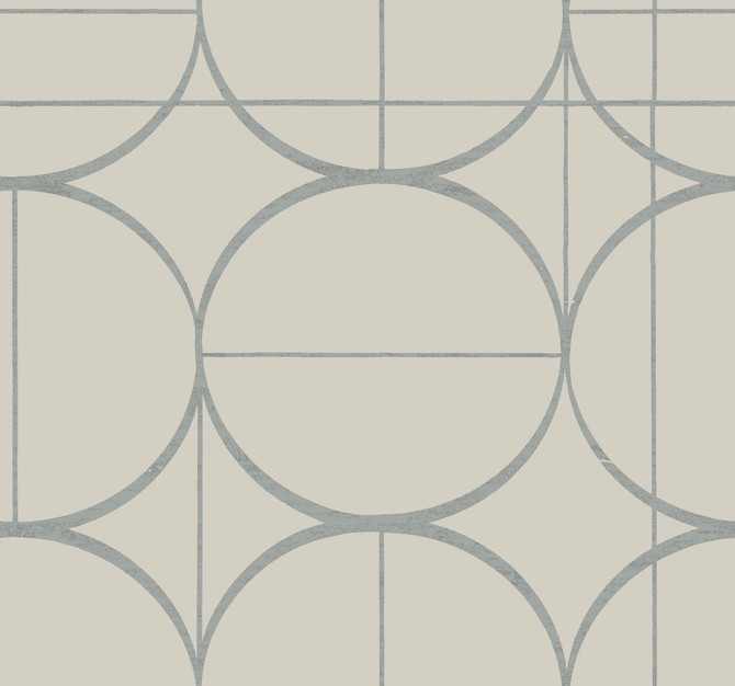Antonina Vella Sun Circles Taupe & Silver Wallpaper Antonina Vella Modern Metals Second Edition Covers about 60.5 square feet China Unpasted 25.2-in repeat, straight match 27-in by 26.9-ft long roll - My Fabric Connection -