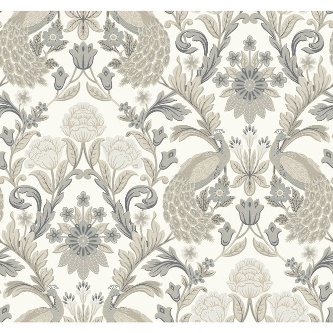 Ronald Redding Plume Dynasty White & Neutral Metallic Wallpaper Arts and Crafts Covers about 60.8 square feet Unpasted 25.25-in repeat, straight match 27-in by 27-ft long roll - My Fabric Connection -