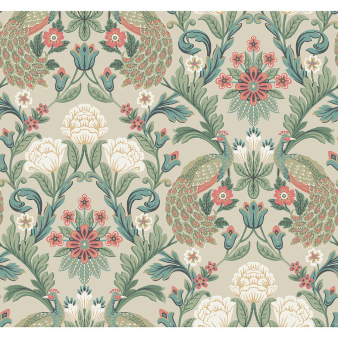 Ronald Redding Plume Dynasty Taupe Wallpaper Arts and Crafts Covers about 60.8 square feet Unpasted 25.25-in repeat, straight match 27-in by 27-ft long roll - My Fabric Connection -