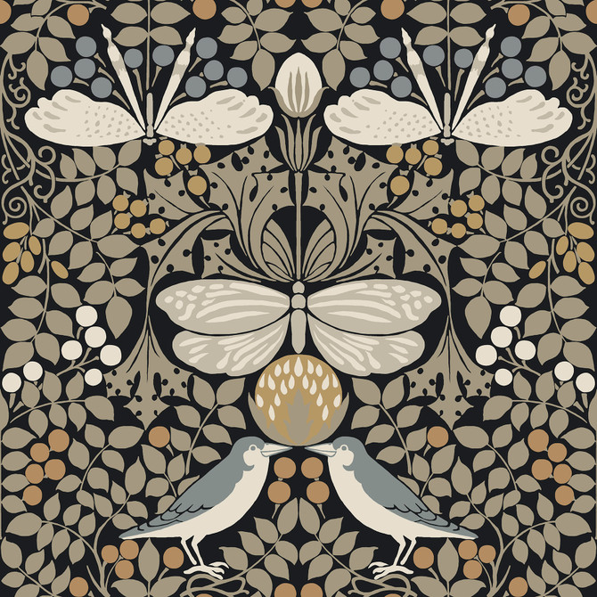 Ronald Redding Butterfly Garden Black Metallic Wallpaper Arts and Crafts Covers about 56.4 square feet Unpasted 20.5-in repeat, straight match 20.5-in by 33-ft long roll - My Fabric Connection -