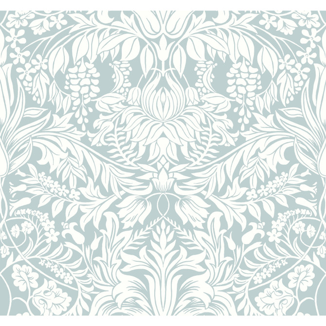 Ronald Redding Lockwood Damask Light Blue Wallpaper Arts and Crafts Covers about 60.8 square feet Unpasted 25.25-in repeat, straight match 27-in by 27-ft long roll - My Fabric Connection -