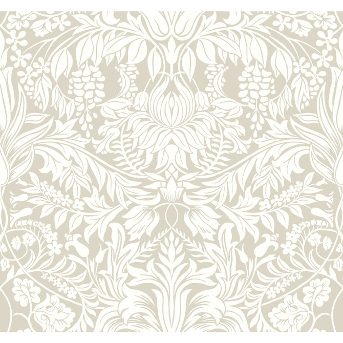 Ronald Redding Lockwood Damask Beige Wallpaper Arts and Crafts Covers about 60.8 square feet Unpasted 25.25-in repeat, straight match 27-in by 27-ft long roll - My Fabric Connection -