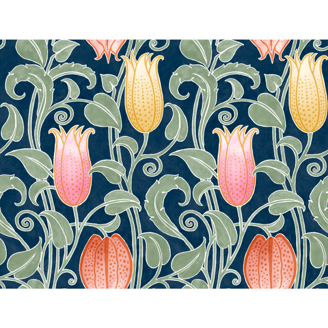 Ronald Redding Canterbury Bells Navy Wallpaper Arts and Crafts Covers about 60.8 square feet Unpasted 24-in repeat, straight match 27-in by 27-ft long roll - My Fabric Connection -