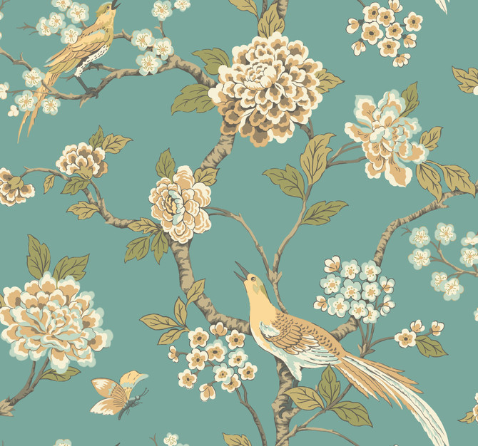 Inspired by Color Fanciful Teal Wallpaper Ashford Toiles Covers about 60.8 square feet Prepasted 25.25-in repeat, drop match 27-in by 27-ft long roll - My Fabric Connection -