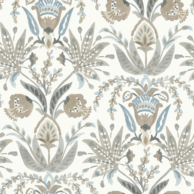 York Wallcoverings Seaside Jacobean Taupe & Blue Wallpaper Beige & Neutrals Covers about 56.4 square feet Prepasted 20.5-in repeat, straight match 20.5-in by 33-ft long roll - My Fabric Connection -