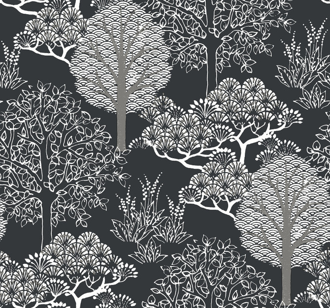 Inspired by Color Kimono Trees Black Metallic Wallpaper Black & White Resource Library Covers about 60.8 square feet Prepasted 25.25-in repeat, straight match 27-in by 27-ft long roll - My Fabric Connection -