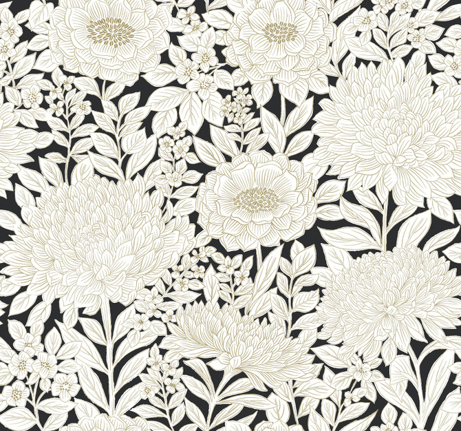 York Wallcoverings Wood Block Blooms Black & Gold Wallpaper Shimmering Finishes Covers about 60.8 square feet 27-in by 27-ft long roll Prepasted 25.25 - My Fabric Connection -