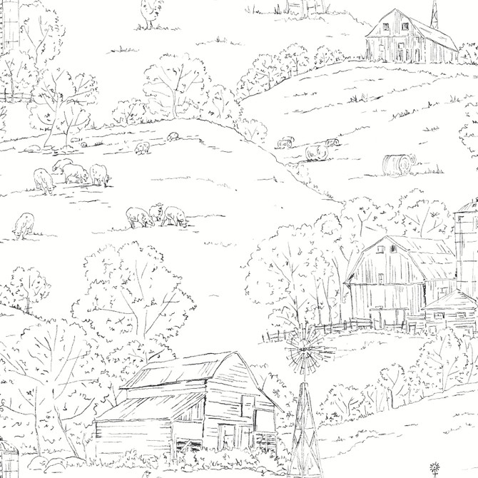 Inspired by Color Pasture Toile Black & White Wallpaper Black & White, III Covers about 56.4 square feet Unpasted 20.5-in repeat, drop match 20.5-in by 33-ft long roll - My Fabric Connection -