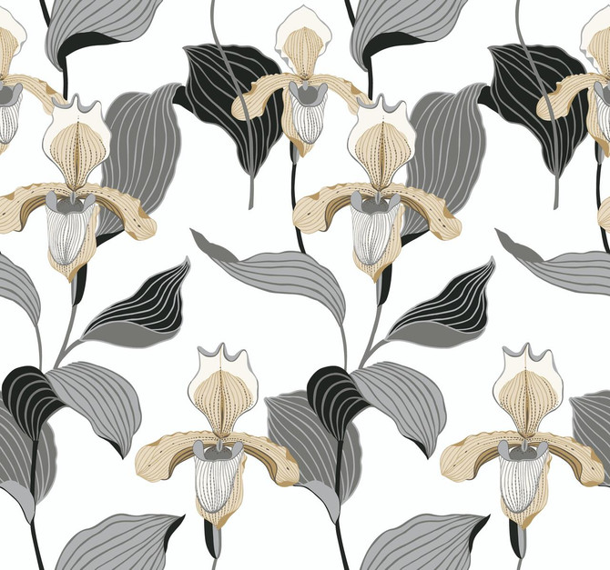 Inspired by Color Lady Slipper Gold & Grey Wallpaper Black & White, III Covers about 60.8 square feet Unpasted 25.25-in repeat, straight match 27-in by 27-ft long roll - My Fabric Connection -