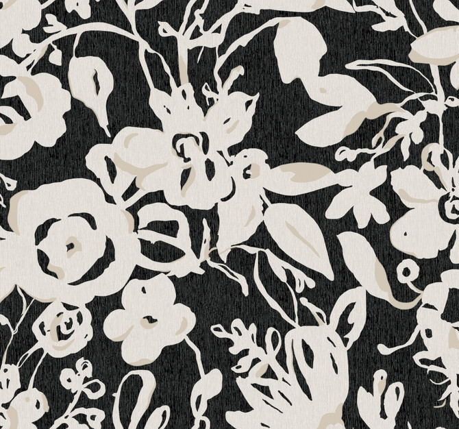 York Wallcoverings Brushstroke Floral Black Wallpaper Blooms Covers about 60.8 square feet Unpasted 25.25-in repeat, drop match 27-in by 27-ft long roll - My Fabric Connection -