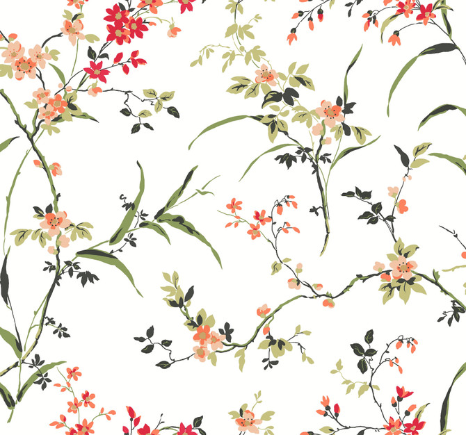 York Wallcoverings Blossom Branches White & Red Wallpaper Blooms Covers about 60.8 square feet Unpasted 25.25-in repeat, drop match 27-in by 27-ft long roll - My Fabric Connection -