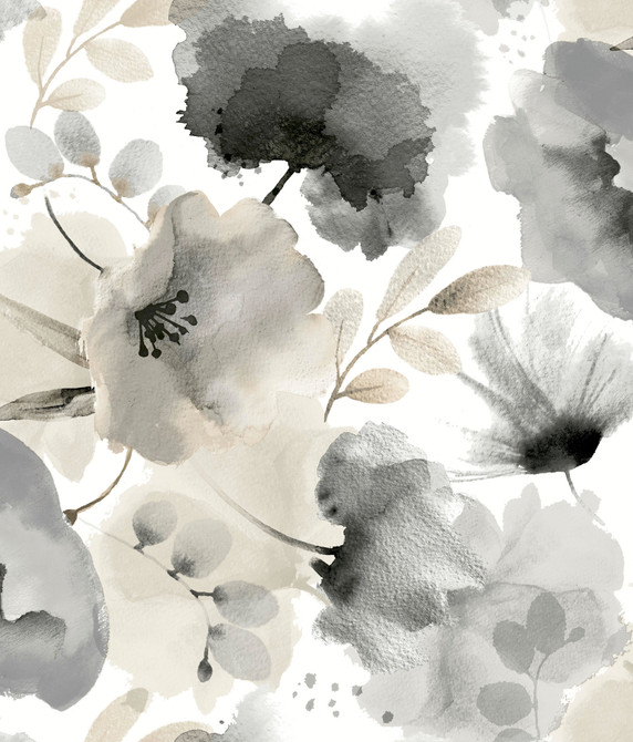 York Wallcoverings Watercolor Bouquet Charcoal Wallpaper Blooms Covers about 56.4 square feet Unpasted 24-in repeat, drop match 20.5-in by 33-ft long roll - My Fabric Connection -