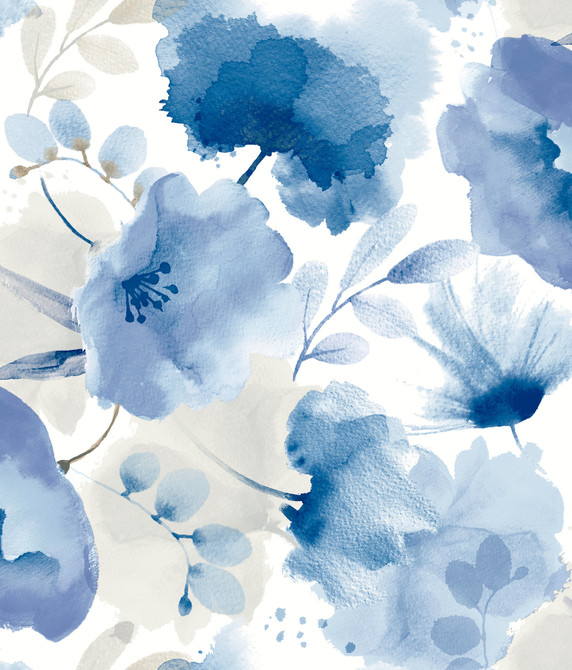York Wallcoverings Watercolor Bouquet Cobalt Wallpaper Blooms Covers about 56.4 square feet Unpasted 24-in repeat, drop match 20.5-in by 33-ft long roll - My Fabric Connection -