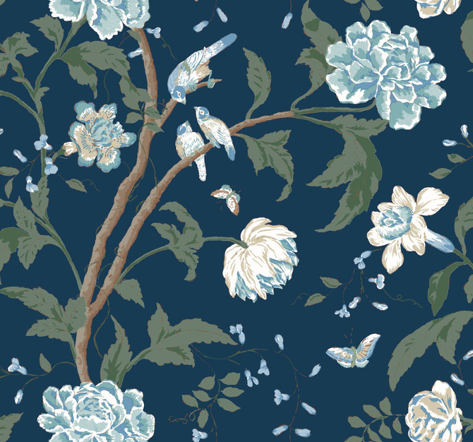 York Wallcoverings Teahouse Floral Navy Wallpaper Blooms Covers about 60.8 square feet 27-in by 27-ft long roll Unpasted 25.25 - My Fabric Connection -