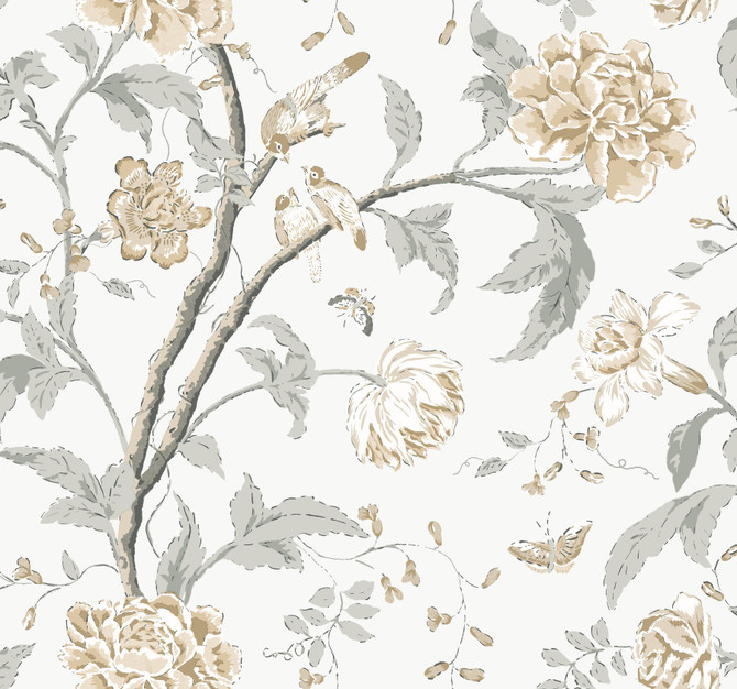 York Wallcoverings Teahouse Floral Neutral Wallpaper Blooms Covers about 60.8 square feet Unpasted 25.25-in repeat, drop match 27-in by 27-ft long roll - My Fabric Connection -