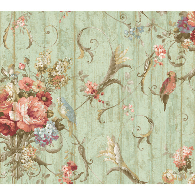 York Wallcoverings Parrots with Floral Bouquets Blue Wallpaper Blue Book Covers about 60.8 square feet Prepasted 27-in by 27-ft long roll - My Fabric Connection -