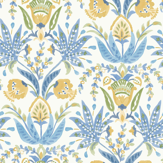 Inspired by Color Seaside Jacobean Yellow & Blue Wallpaper Blues II Covers about 56.4 square feet 20.5-in by 33-ft long roll Prepasted 20.5 - My Fabric Connection -