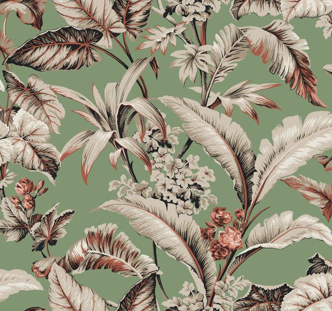 Ronald Redding Mystic Isle Green Wallpaper Classics Covers about 60.8 square feet Unpasted 25.25-in repeat, drop match 27-in by 27-ft long roll - My Fabric Connection -