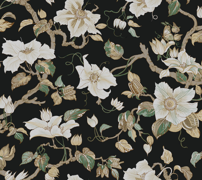 Ronald Redding Marguerite Vine Black Wallpaper Classics Covers about 60.8 square feet Unpasted 24-in repeat, drop match 27-in by 27-ft long roll - My Fabric Connection -
