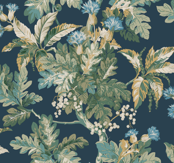 Ronald Redding Briarwood Navy Wallpaper Classics Covers about 60.8 square feet Unpasted 25.25-in repeat, drop match 27-in by 27-ft long roll - My Fabric Connection -