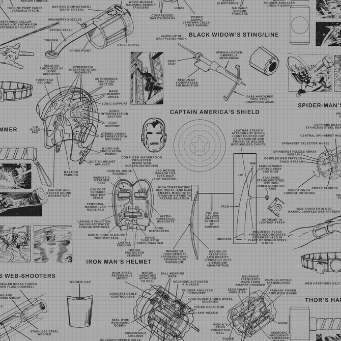 York Wallcoverings Marvels Heroes Schematics Grey & Black Wallpaper Disney Kids Vol. 4 Covers about 56.4 square feet Unpasted 20.5-in repeat, drop match 20.5-in by 33-ft long roll - My Fabric Connection -