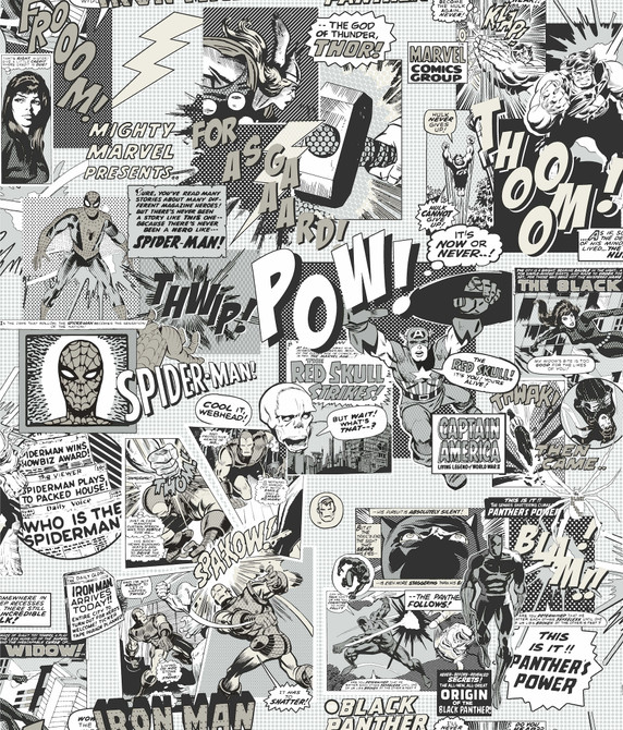 York Wallcoverings Marvel Comics Pow! Black & White Wallpaper Disney Kids Vol. 4 Covers about 56.4 square feet Unpasted 24-in repeat, drop match 20.5-in by 33-ft long roll - My Fabric Connection -