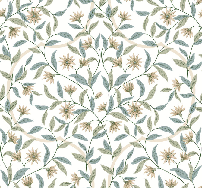 York Wallcoverings Eucalyptus Jasmine Wallpaper Earthy Tones Covers about 60.8 square feet Prepasted 25.25-in repeat, straight match 27-in by 27-ft long roll - My Fabric Connection -