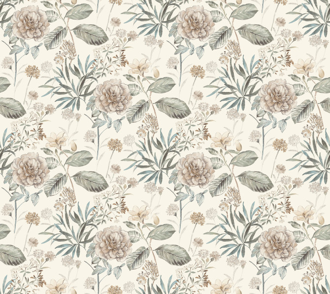 York Wallcoverings Midsummer Floral Beige & Green Wallpaper Earthy Tones Covers about 60.8 square feet Prepasted 24-in repeat, drop match 27-in by 27-ft long roll - My Fabric Connection -