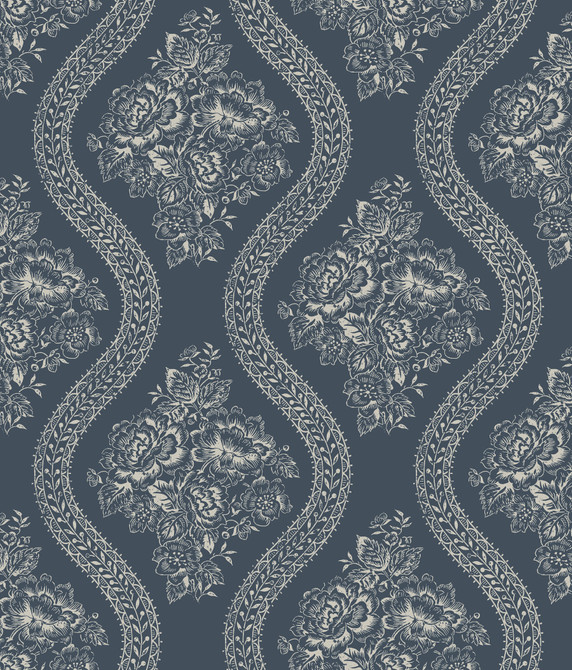 Magnolia Home Coverlet Floral Grey & Blue Wallpaper Magnolia Home Covers about 56.4 square feet Prepasted 12-in repeat, drop match 20.5-in by 33-ft long roll - My Fabric Connection -