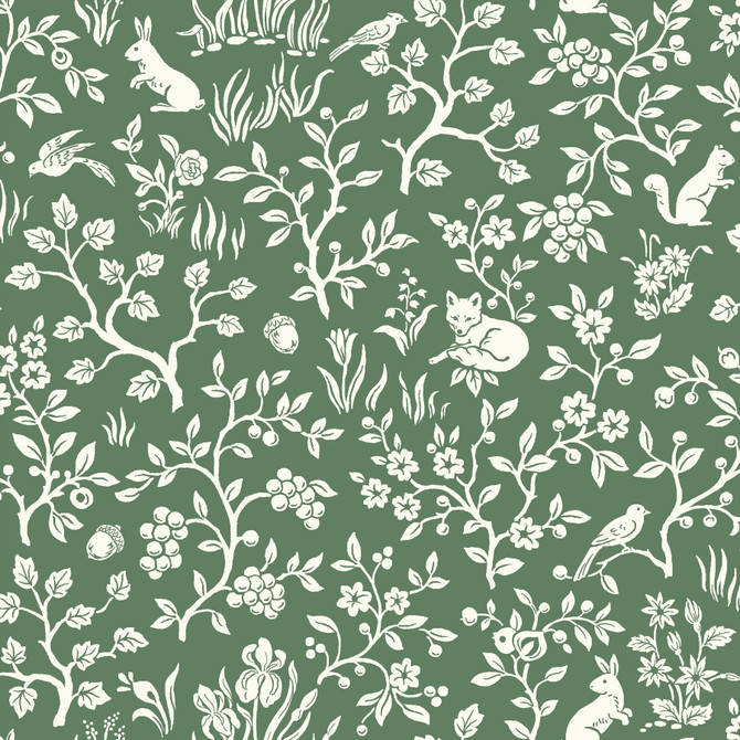 Magnolia Home Fox & Hare Forest Green Wallpaper Magnolia Home Vol. II Covers about 56.4 square feet Prepasted 20.5-in repeat, drop match 20.5-in by 33-ft long roll - My Fabric Connection -