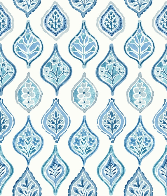 York Wallcoverings Marketplace Motif White & Blue Wallpaper Mediterranean Covers about 56.4 square feet Prepasted 24-in repeat, straight match 20.5-in by 33-ft long roll - My Fabric Connection -