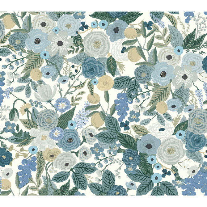 Rifle Paper Co. Garden Party Blue Wallpaper Rifle Paper Co. Covers about 60.8 square feet Unpasted 24-in repeat, drop match 27-in by 27-ft long roll - My Fabric Connection -