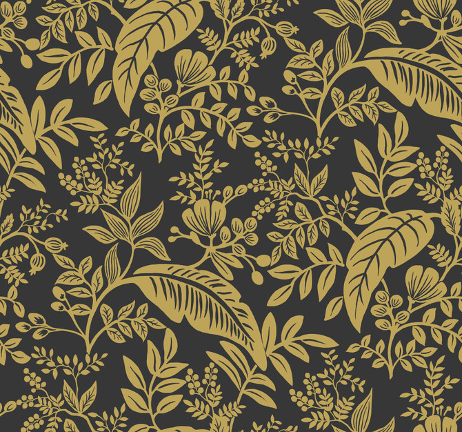 Rifle Paper Co. Canopy Gold & Black Wallpaper Rifle Paper Co. Covers about 60.8 square feet 27-in by 27-ft long roll Unpasted 25.25 - My Fabric Connection -
