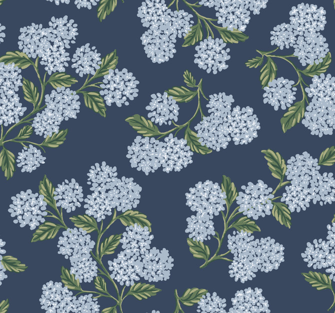 Rifle Paper Co. Hydrangea Navy Wallpaper Rifle Paper Co. Covers about 60.8 square feet Unpasted 25.25-in repeat, drop match 27-in by 27-ft long roll - My Fabric Connection -