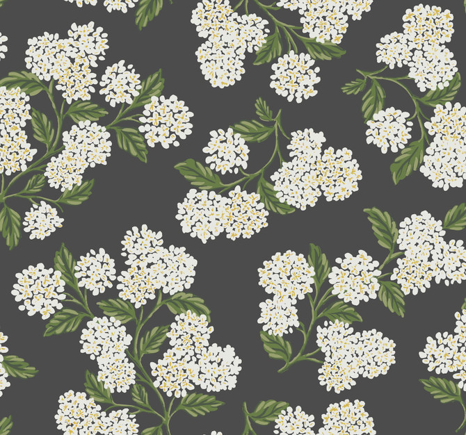 Rifle Paper Co. Hydrangea Black & White Wallpaper Rifle Paper Co. Covers about 60.8 square feet Unpasted 25.25-in repeat, drop match 27-in by 27-ft long roll - My Fabric Connection -