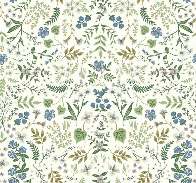 Rifle Paper Co. Wildwood Blue & Green Wallpaper Rifle Paper Co. Covers about 60.8 square feet Unpasted 25.25-in repeat, straight match 27-in by 27-ft long roll - My Fabric Connection -