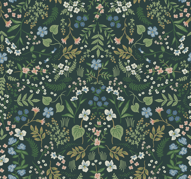 Rifle Paper Co. Wildwood Hunter Green Wallpaper Rifle Paper Co. Covers about 60.8 square feet Unpasted 25.25-in repeat, straight match 27-in by 27-ft long roll - My Fabric Connection -
