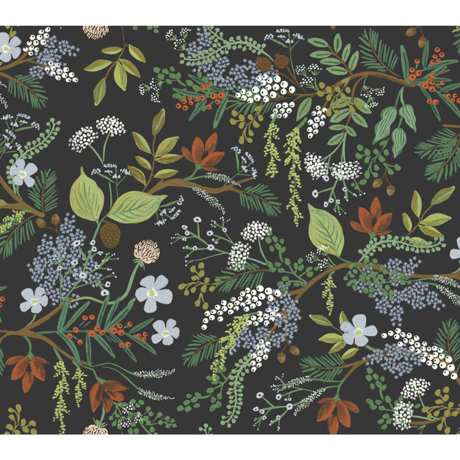 Rifle Paper Co. Juniper Forest Black Wallpaper Rifle Paper Co. Covers about 60.8 square feet Unpasted 24-in repeat, drop match 27-in by 27-ft long roll - My Fabric Connection -