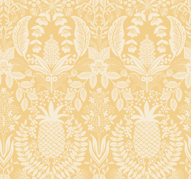 Rifle Paper Co. Pineapple Damask Yellow Wallpaper Rifle Paper Co. 3rd Edition Covers about 60.8 square feet Unpasted 25.25-in repeat, straight match 27-in by 27-ft long roll - My Fabric Connection -