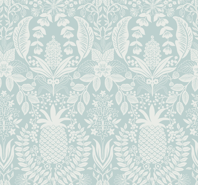 Rifle Paper Co. Pineapple Damask Light Blue Wallpaper Rifle Paper Co. 3rd Edition Covers about 60.8 square feet Unpasted 25.25-in repeat, straight match 27-in by 27-ft long roll - My Fabric Connection -