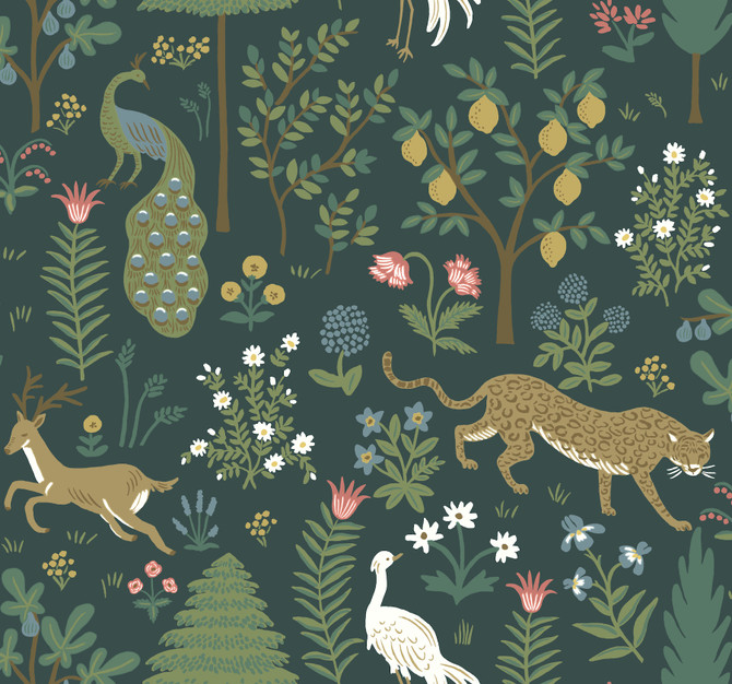 Rifle Paper Co. Menagerie Blue Wallpaper Rifle Paper Co. Second Edition Covers about 60.8 square feet Unpasted 25.25-in repeat, drop match 27-in by 27-ft long roll - My Fabric Connection -