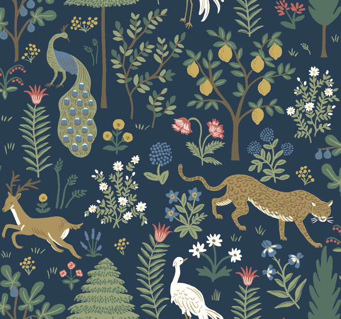 Rifle Paper Co. Menagerie Blue & Brown Wallpaper Rifle Paper Co. Second Edition Covers about 60.8 square feet Unpasted 25.25-in repeat, drop match 27-in by 27-ft long roll - My Fabric Connection -