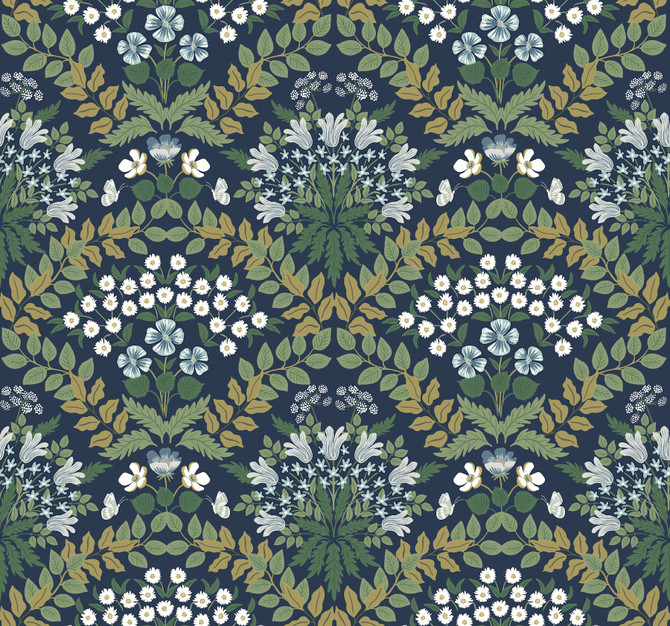 Rifle Paper Co. Bramble Navy & Green Wallpaper Rifle Paper Co. Second Edition Covers about 60.8 square feet 27-in by 27-ft long roll Unpasted 25.25 - My Fabric Connection -