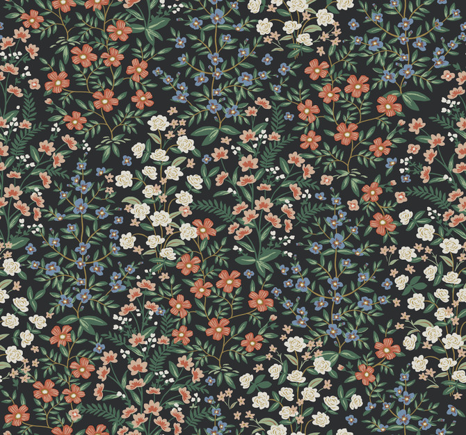Rifle Paper Co. Wildwood Garden Black & Red Wallpaper Rifle Paper Co. Second Edition Covers about 60.8 square feet Unpasted 25.25-in repeat, straight match 27-in by 27-ft long roll - My Fabric Connection -