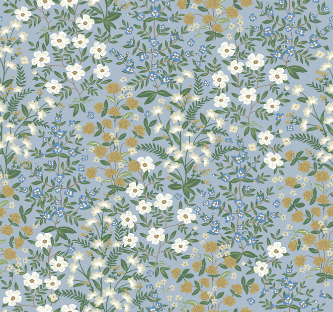 Rifle Paper Co. Wildwood Garden Blue & White Wallpaper Rifle Paper Co. Second Edition Covers about 60.8 square feet Unpasted 25.25-in repeat, straight match 27-in by 27-ft long roll - My Fabric Connection -
