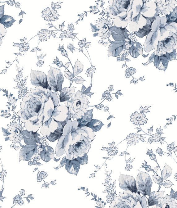 York Wallcoverings Heritage Rose Navy & White Wallpaper Simply Farmhouse Covers about 56.4 square feet Unpasted 24-in repeat, straight match 20.5-in by 33-ft long roll - My Fabric Connection -