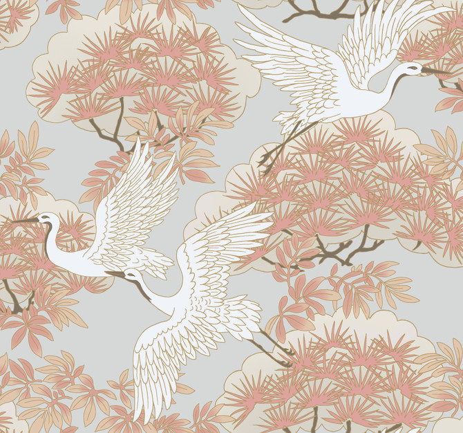 Ronald Redding Sprig & Heron Orange Wallpaper Tea Garden Covers about 60.8 square feet Unpasted 25.25-in repeat, drop match 27-in by 27-ft long roll - My Fabric Connection -