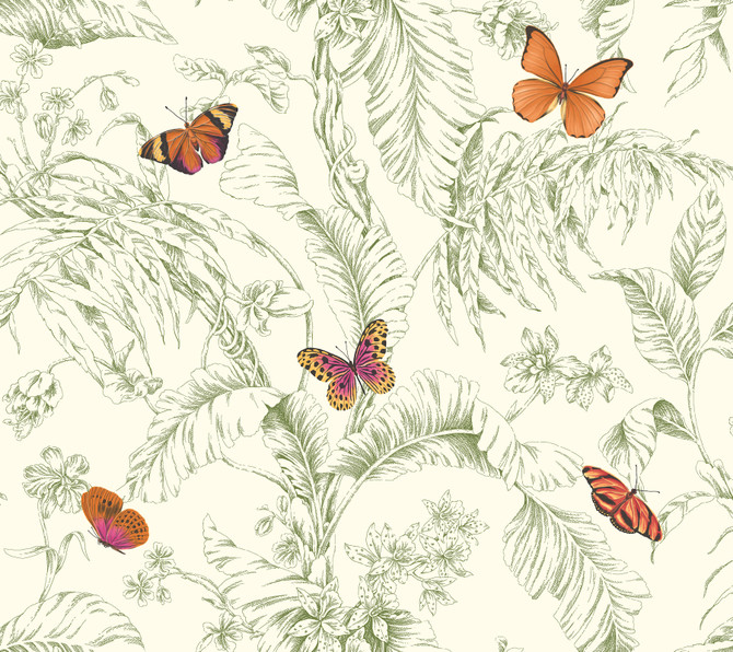 York Wallcoverings Papillon Green Wallpaper Toile Resource Library Covers about 60.8 square feet Prepasted 24-in repeat, drop match 27-in by 27-ft long roll - My Fabric Connection -