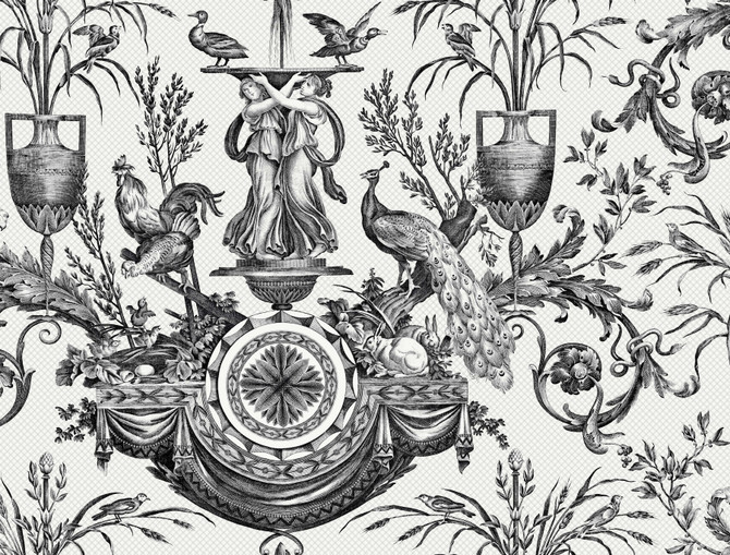 York Wallcoverings Avian Fountain Toile Black Wallpaper Toile Resource Library Covers about 60.8 square feet Unpasted 20.5-in repeat, drop match 27-in by 27-ft long roll - My Fabric Connection -