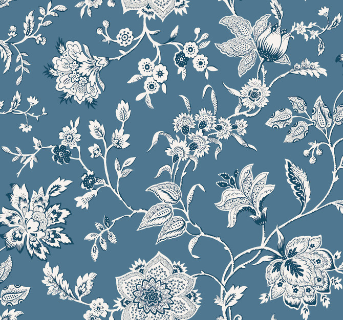 York Wallcoverings Sutton Blue Wallpaper Toile Resource Library Covers about 60.8 square feet Unpasted 25.25-in repeat, drop match 27-in by 27-ft long roll - My Fabric Connection -
